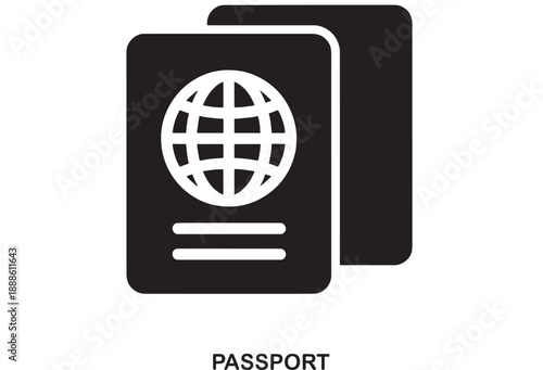 Black and white minimalist icon of two passports, one open showing a globe symbol and two horizontal lines, representing travel and identity
