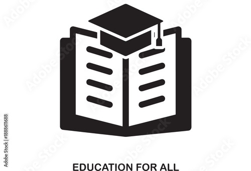 Graduation cap on open book icon representing education, knowledge, and learning for everyone. Flat vector illustration.