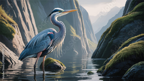 A dramatic nature photograph of a Great Blue Heron standing in shallow water at the base of steep mountain cliffs 