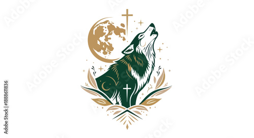 Stylized illustration of a howling wolf with moon cross and foliage