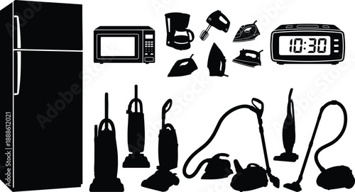 Black household appliance silhouettes set featuring kitchen, cleaning and electronic devices isolated on white background for home equipment icons, interior design and commercial graphic projects