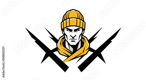 Stylized illustration of a person with crossed blades graphic design
