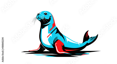 Stylized illustration of a sea lion in vibrant colors on white background
