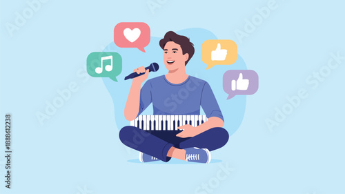 Happy young man singing into a microphone and playing a small keyboard with social media reaction icons