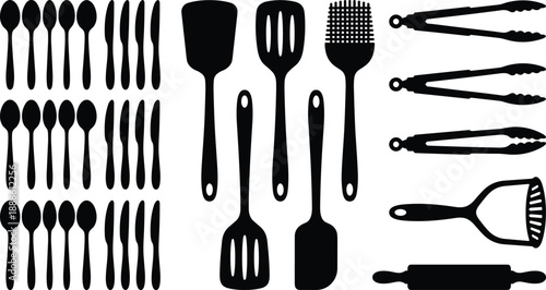 Black kitchen utensil silhouettes set featuring spoons knives spatulas tongs and baking tools isolated on white background for cooking icons, culinary design and food preparation graphic projects