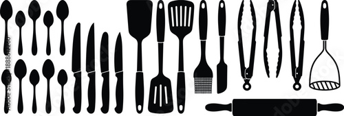 Black kitchen utensil silhouettes collection featuring spoons knives spatulas tongs and baking tools isolated on white background for cooking icons and culinary graphic projects