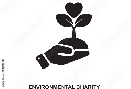 Black silhouette of a hand holding soil with a seedling growing, featuring leaves and a heart shape on top, symbolizing environmental care and growth.