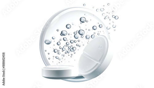Effervescent tablet dissolves in water, creating bubbles; concept of dissolving medicine