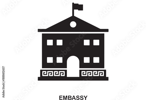 Black silhouette of an embassy building with a flag, arched entrance, and geometric Greek key pattern on a white background, representing government or international relations.