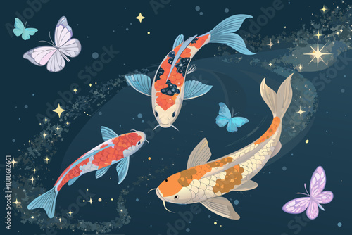 Vibrant Koi Fish Flying Through Space Like Dre High-Quality Stock Image