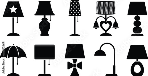 Black lamp silhouettes collection featuring modern, vintage and table desk and floor lamp designs isolated on white background for lighting icons and interior decor graphics
