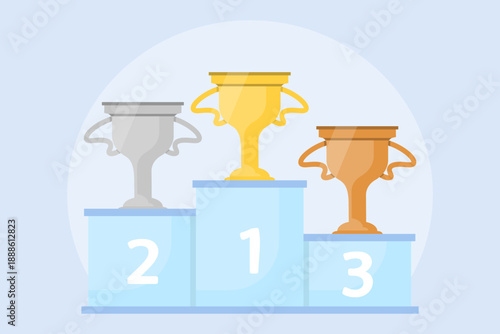 Vector illustration with a podium of winners and cups for the first, second and third place. The gold, silver and bronze trophies are located on the podium with the seat numbers.