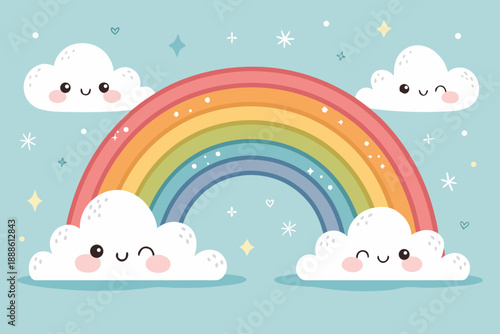 Featuring Cute Rainbow With Rounded Clouds And Beautiful Creative Visual