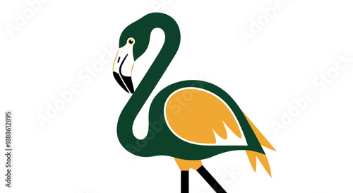Stylized flamingo illustration in green and yellow on white background