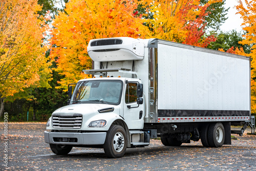 Tablou pe pânză Commercial day cab middle duty white rig semi truck with refrigerated box traile