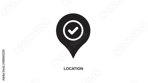 Black minimalist location pin icon with a white checkmark inside a circle, representing confirmation or a selected destination, on a white background.