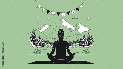 Woman practices meditation in a lotus pose outdoors against a scenic background of majestic mountains and tall pine trees.