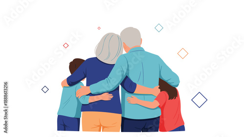 Back view of a family group including grandparents and two children standing together and hugging in a sign of unity.