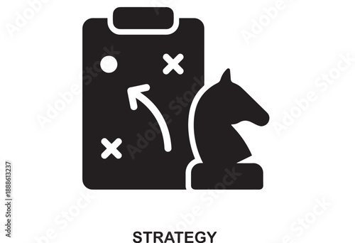 Black filled vector icon of a chess knight piece next to a clipboard with a strategic play diagram showing arrows and crosses on a white background.