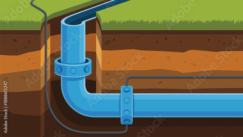 Underground blue pipeline system with soil layers and green grass visible above the surface