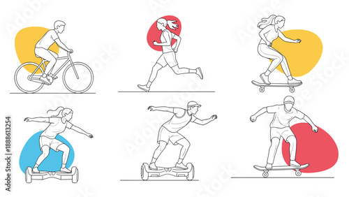 Diverse collection of people participating in active transportation including cycling, running, and skateboarding in line art.