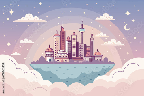 Vibrant Fantasy City Hovering The Sky Surrounded High-Quality Stock Image