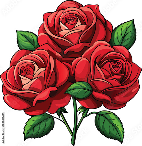 A vibrant bouquet of red roses and unopened rosebuds is centered against a clean white background. The roses are in full bloom, showcasing intricate details of their velvety petals in varying shades o