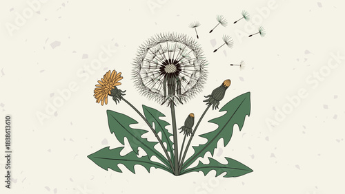Detailed botanical illustration of a dandelion plant with yellow flower, green leaves, and fluffy seed head with seeds blowing in the wind.
