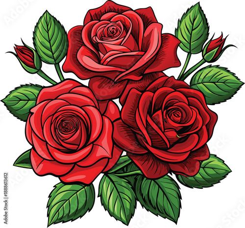 A vibrant bouquet of red roses and unopened rosebuds is centered against a clean white background. The roses are in full bloom, showcasing intricate details of their velvety petals in varying shades o