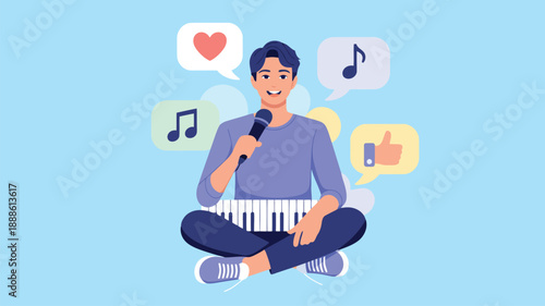 Young man holds a microphone and plays a small keyboard surrounded by music and social media icons