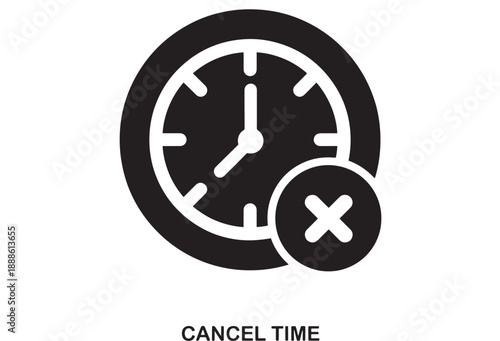 Black icon of a clock face with a red X symbol over it, representing cancelled time or appointment, on a white background