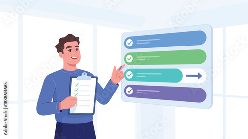 Young man holds a clipboard and points to a digital task management board with completed items