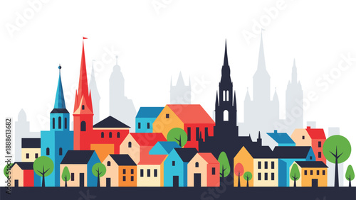 Stylized urban landscape featuring colorful houses and church steeples under a white sky with simplified shapes and vibrant primary colors.
