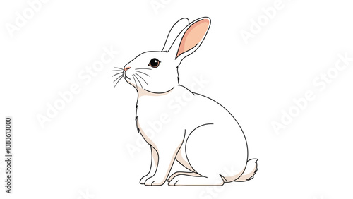Realistic digital illustration of a soft white rabbit sitting alert and looking to the side with long pink-lined ears on white background.