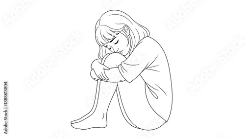 Simple black and white line drawing of a young woman sitting on the floor with her knees hugged to her chest looking sad and lonely.