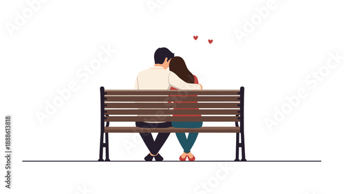 Romantic scene from behind of a young couple sitting closely together on a park bench with small hearts floating above them.