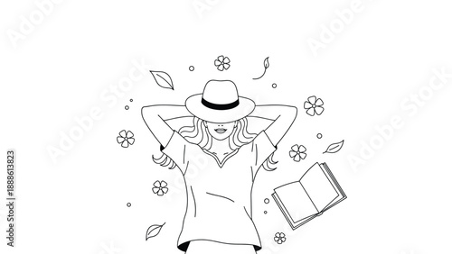 Relaxed woman lying down with her hands behind her head and a hat over her eyes surrounded by falling leaves and flowers with a book.