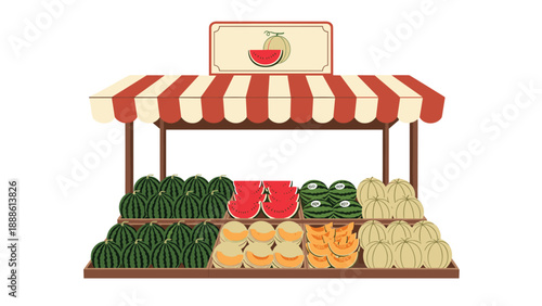 Quaint market stall with a red and white striped awning displaying rows of whole and sliced watermelons and cantaloupe melons.