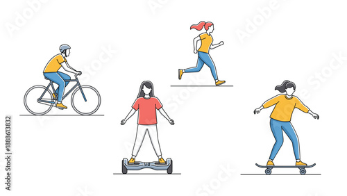 Set of four people using different modes of personal transportation including a bicycle hoverboard running and a skateboard.