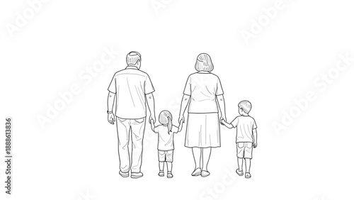 Rear view line drawing of a family of four including parents and two young children walking hand in hand together away from the viewer.