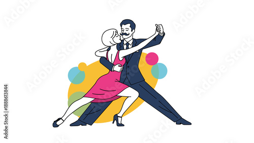 Stylish couple in formal attire performing a passionate tango dance against a background of colorful abstract shapes and circles.