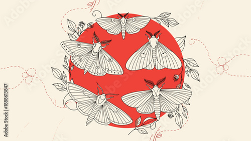 Artistic composition of several detailed moth illustrations arranged around a central red circle with delicate dotted flight paths.