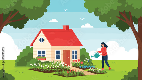 Cheerful woman watering a colorful flower garden in front of a small house with a red roof on a sunny afternoon in spring.