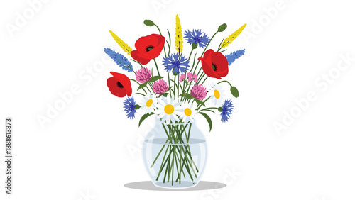 Beautiful bouquet of colorful wildflowers including poppies daisies and cornflowers arranged in a clear glass vase with water.