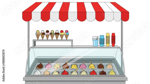 Colorful street ice cream stall with a red and white awning displaying a wide variety of flavors in cones and containers.