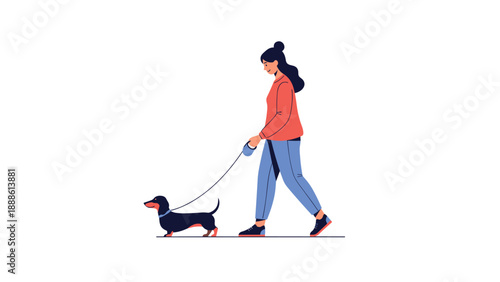 Young woman walking her pet dachshund dog on a leash across a simple white background with a minimalist flat design.