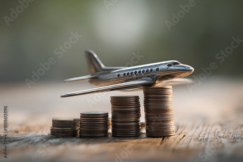 Miniature metallic aircraft rests atop increasing stacks of currency coins on a wooden surface