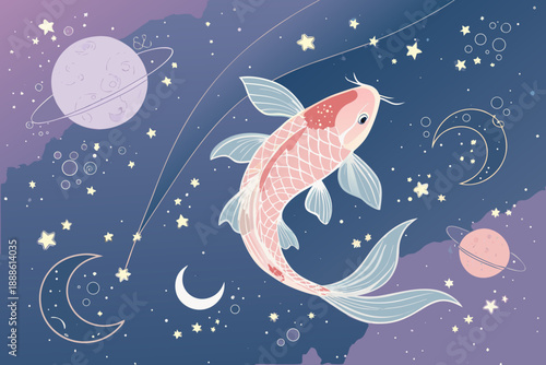 Elegant Magical Koi Fish Drifting Among Stars And Moons High-Quality Stock Image