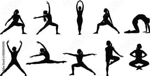 Yoga and dance silhouettes, black figures, expressive poses, body balance, flexibility icon, mindful movement, posture set, artistic gesture