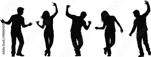 Dancing silhouette set, expressive poses, black figures, rhythm motion, joyful dancers, artistic movement, celebration gesture, music energy, dance icons
